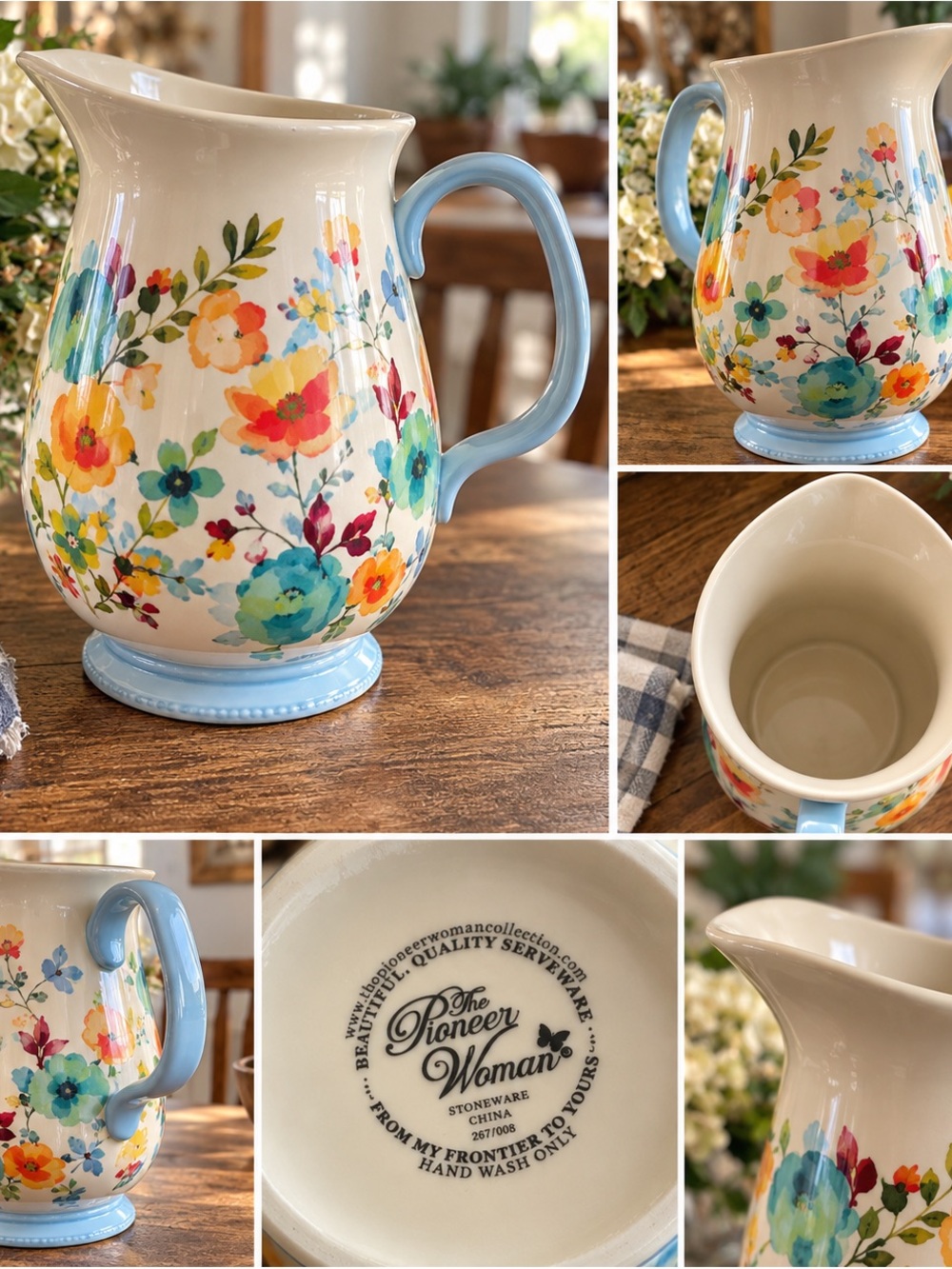 The Pioneer Woman Cream Pitcher with Blue Handle and Multicolor Floral Pattern